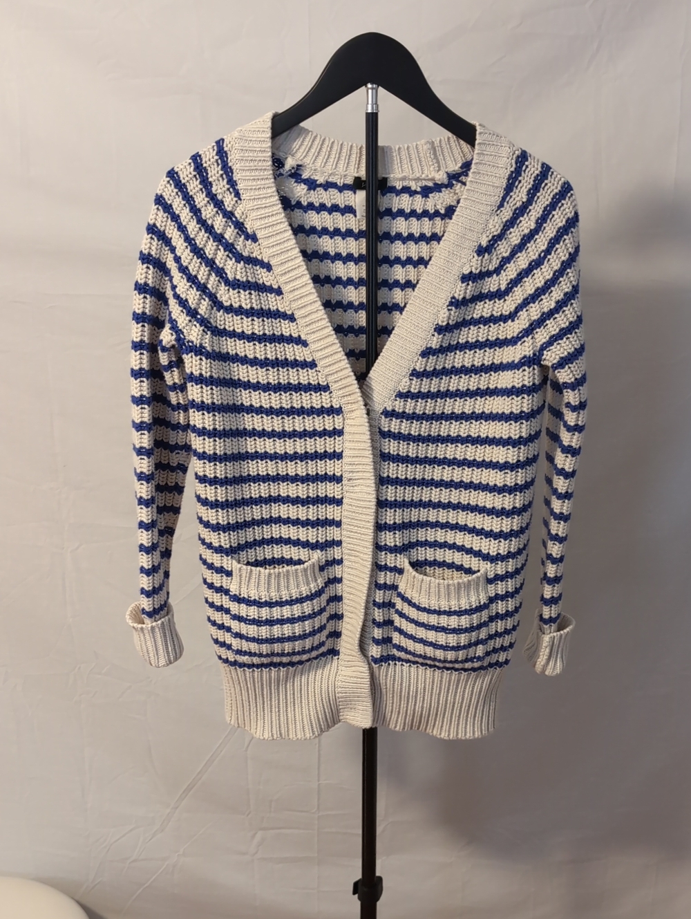 Vtg J.Crew Chunky Ripplestitch Striped Cardigan Blue Cream XS